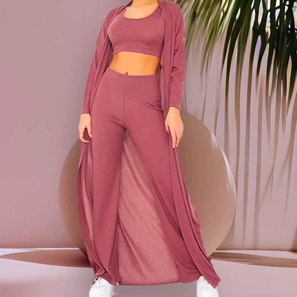 DUSTY ROSE MAXI CARDIGAN 3 PIECE LOUNGE SET WITH CROP TOP AND WIDE LEG PANTS